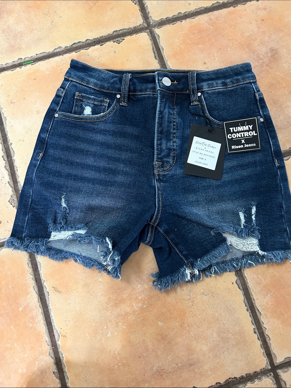 Risen Jeans Women's Dark Blue Distressed Denim Jean Shorts with Frayed Hem